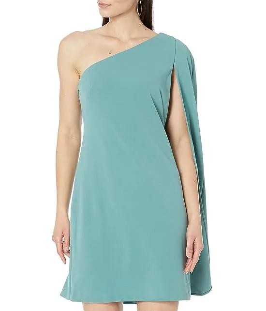 Stretch Crepe One Shoulder Sheath Dress with Cape Detail