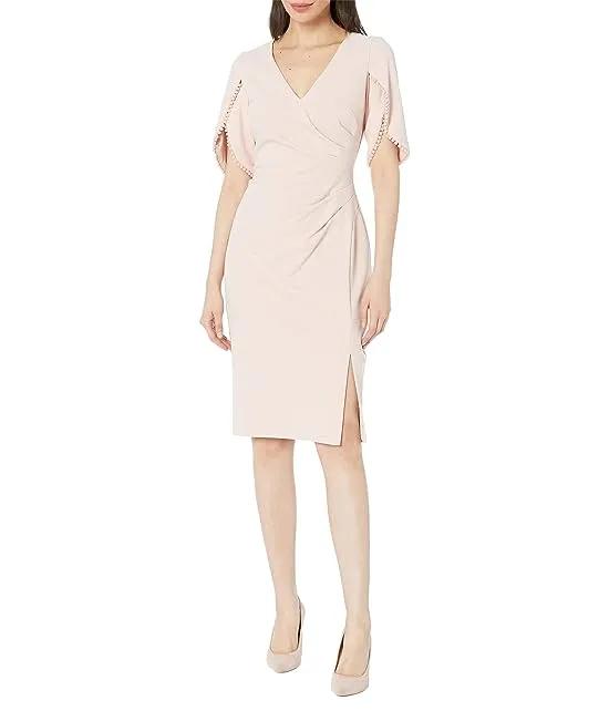 Stretch Crepe Side Ruched Dress with Pearl Trim Sleeve Detail