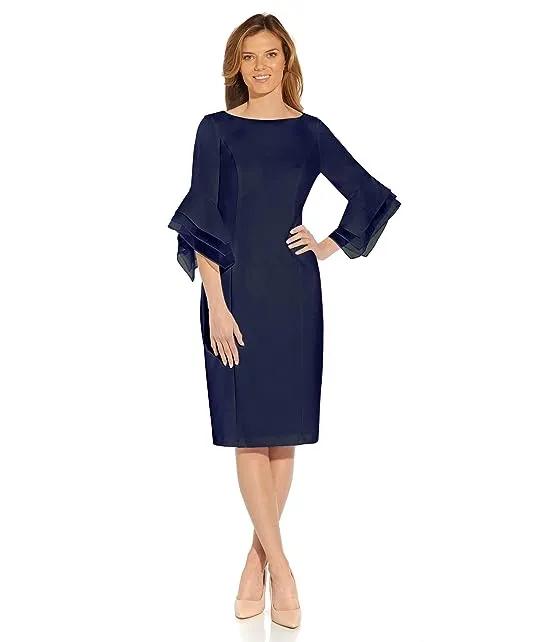 Stretch Knit Crepe Sheath Dress with Tiered Organza Bell Sleeve