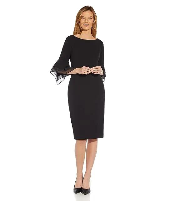 Stretch Knit Crepe Sheath Dress with Tiered Organza Bell Sleeve
