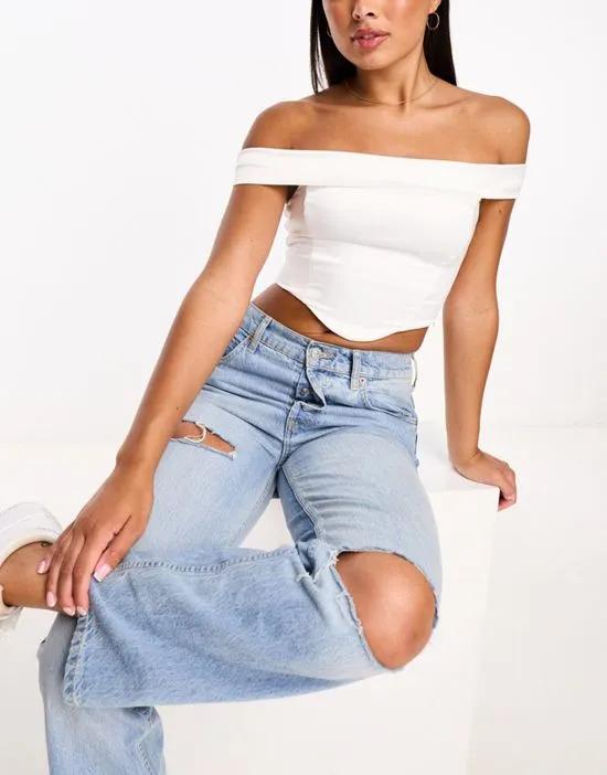 stretch satin off shoulder corset top in ivory