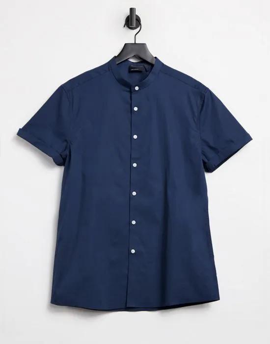 stretch skinny fit shirt in navy with grandad collar
