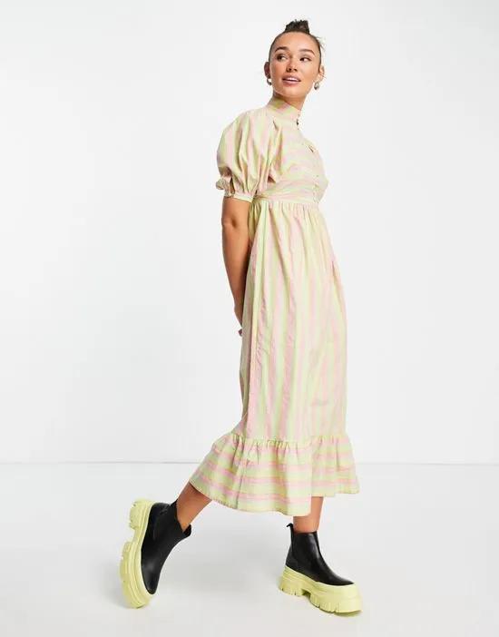 stripe button front midaxi dress in green and pink