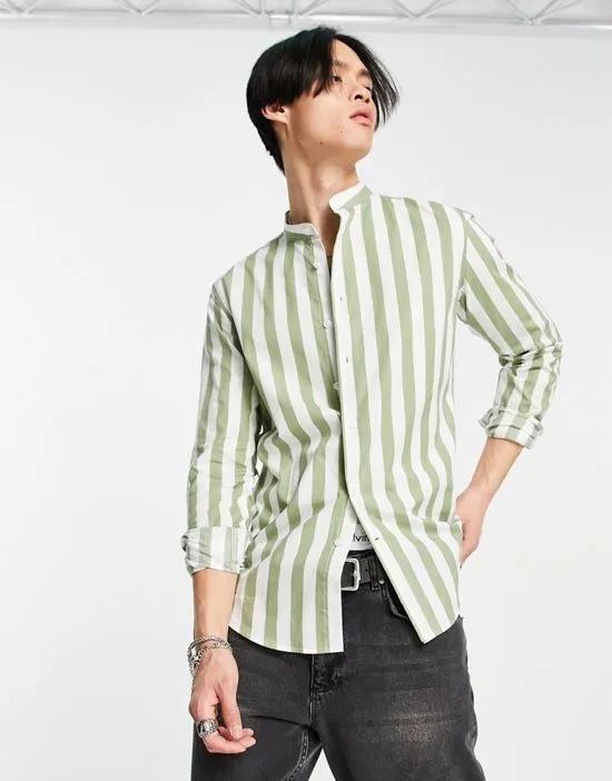 stripe shirt with grandad collar in green