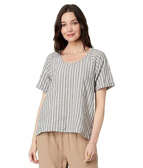Stripe Shirting Roll-Up Sleeve Scoop Neck Top