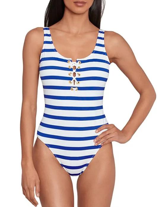 Striped Lace Up One Piece Swimsuit