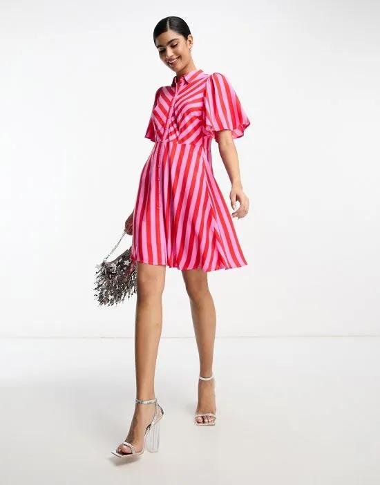 striped mini shirt dress in red and pink