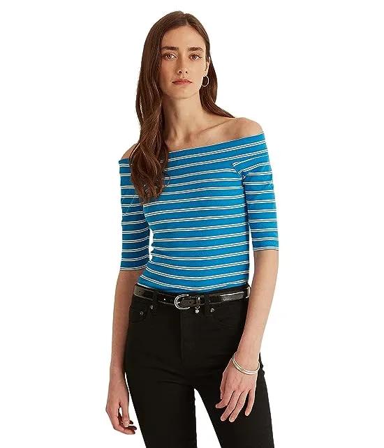 Striped Off Shoulder Stretch Cotton Tee
