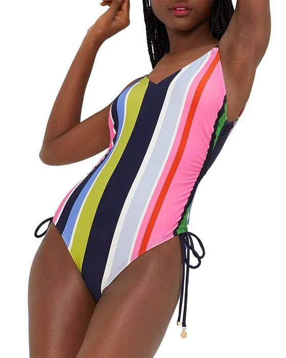 Striped Side Tie Plunge Neck One Piece Swimsuit
