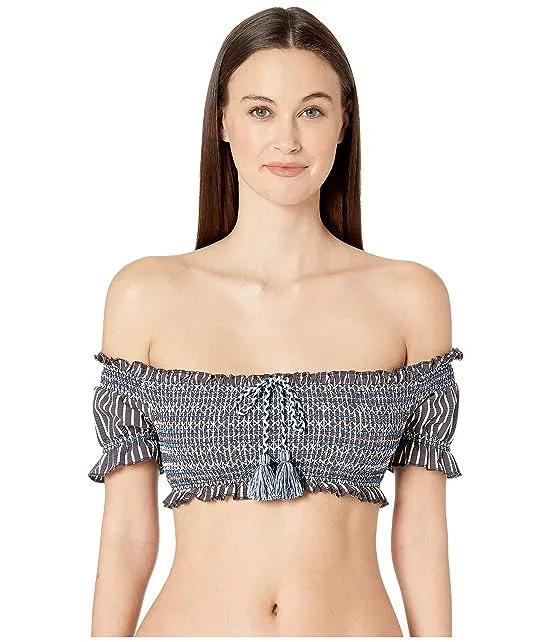 Striped Smocked Off Shoulder Puff Sleeves Bikini Top