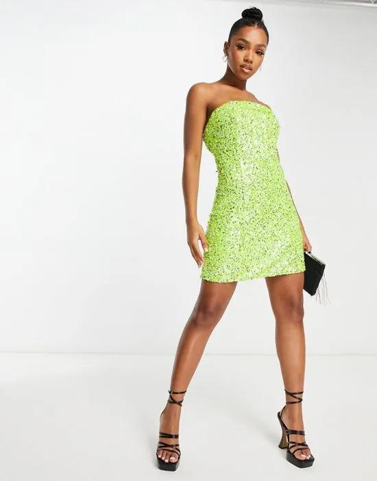 structured bandeau sequin mini dress in lime mix
