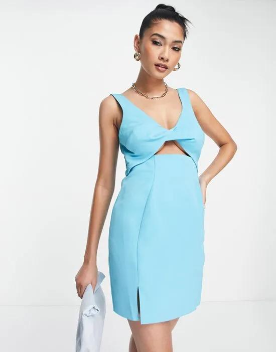 structured twist front mini dress in blue