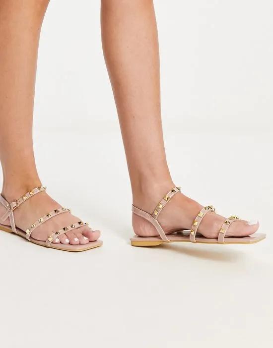studded strappy flat sandals in beige