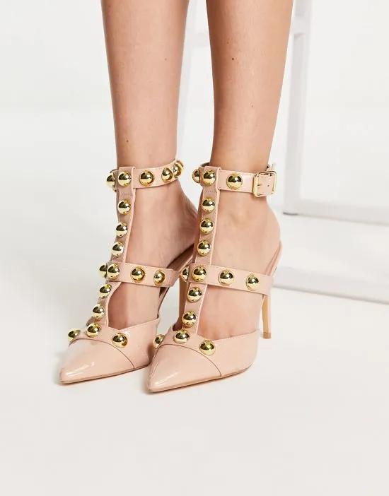 studded strappy heeled shoes in beige
