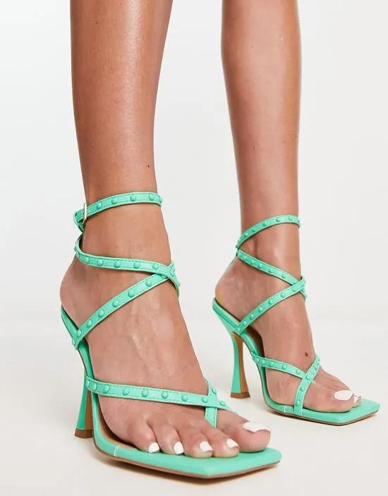 studded toe loop strappy heeled sandals in green