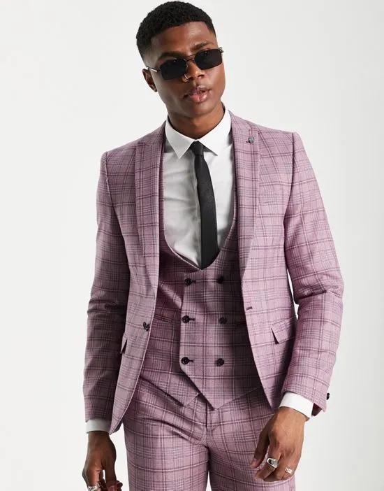 suchet skinny fit suit jacket in tonal purple check