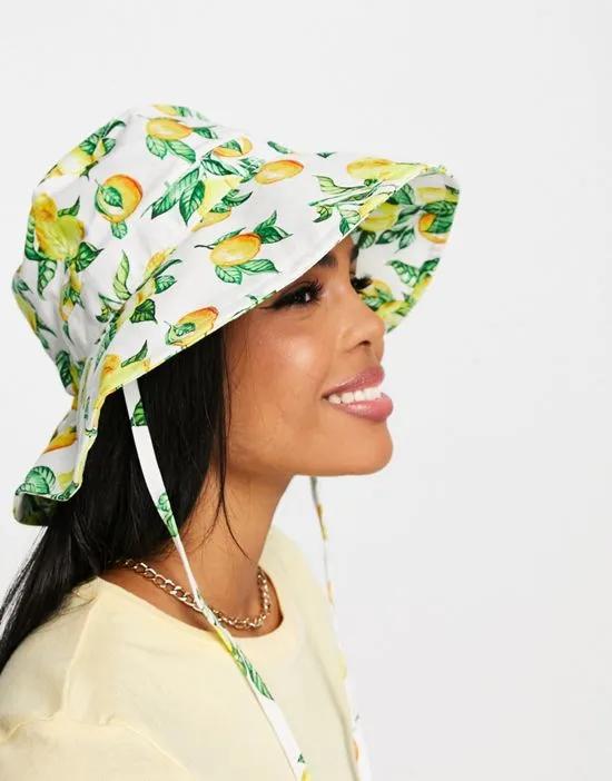 sun hat with chin tie in lemon print
