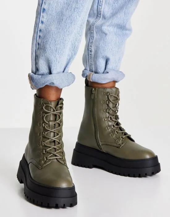 super chunky lace up ankle boots in khaki