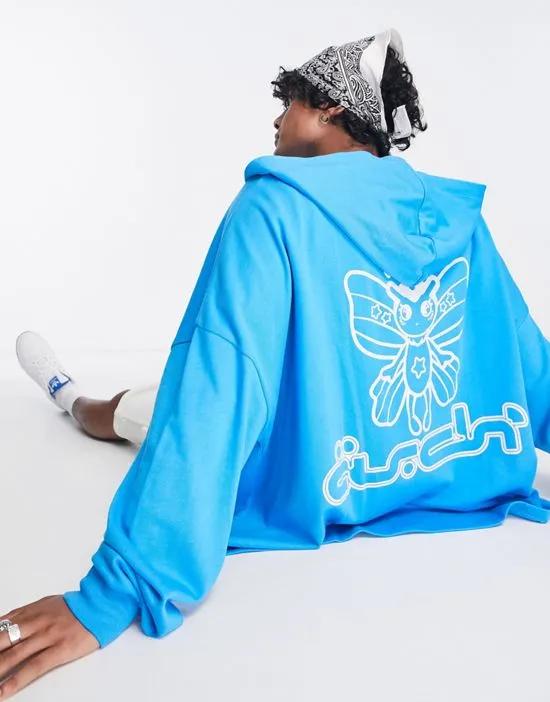 super oversized zip up hoodie in blue with moth back print