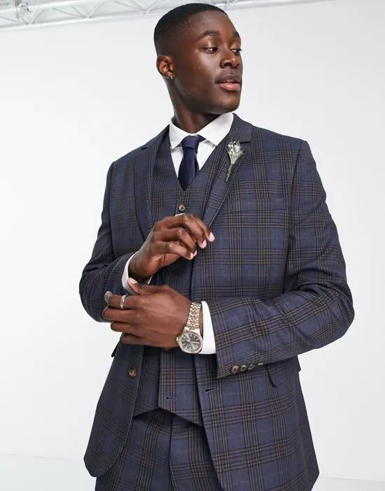 super skinny suit jacket in dark navy and rust check