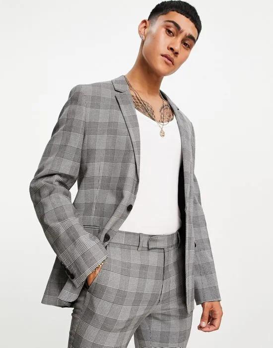 super skinny suit jacket in prince of wales check in black