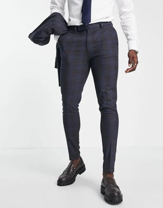 super skinny suit pants in dark navy and rust check