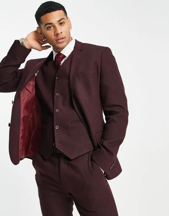 super skinny wool mix suit jacket in burgundy herringbone