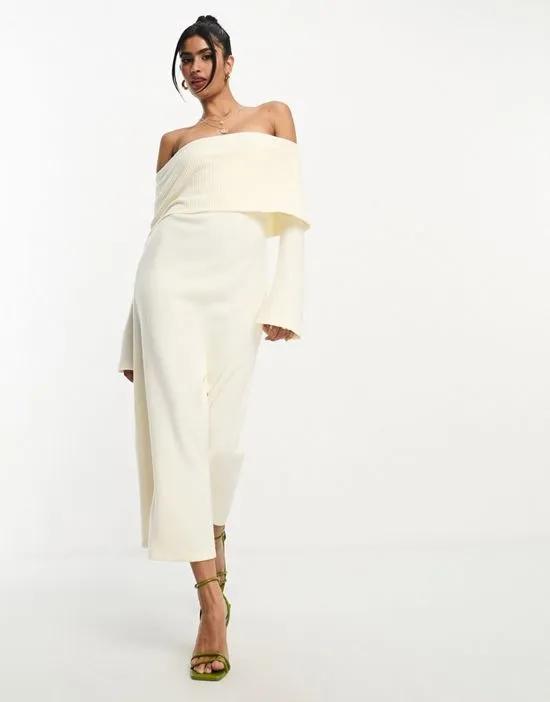 super soft bardot midi dress with flare sleeve in winter white