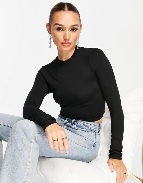 super soft high neck cropped jersey top in black