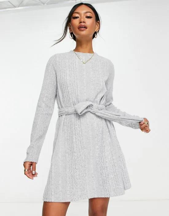 super soft long sleeve mini dress with belt in gray heather