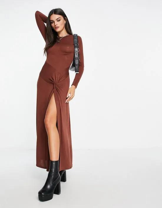 supersoft long sleeve tuck detail maxi dress in brown