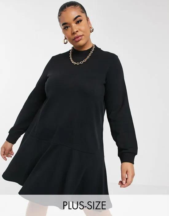 sweat smock dress with high neck in black