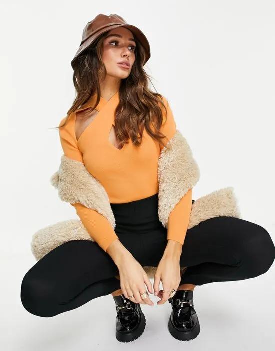 sweater with crossover neck detail in orange