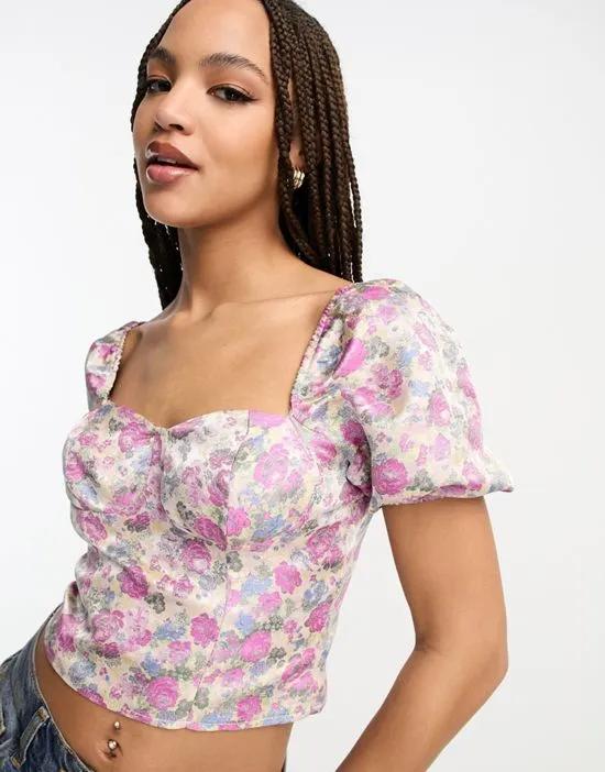 sweetheart corset top in purple jacquard