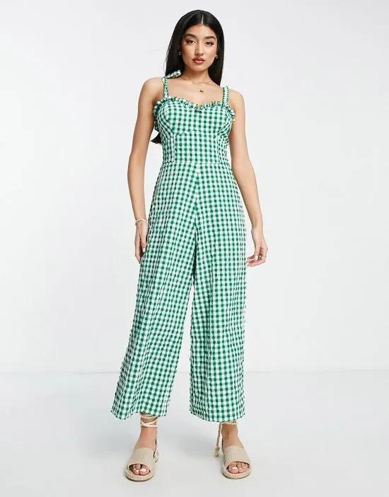 sweetheart neck jumpsuit with tie shoulder in green gingham