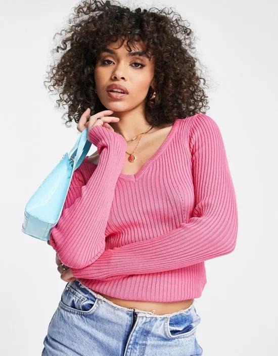 sweetheart neck ribbed sweater in pink