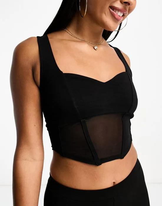 sweetheart neck tank top with corset mesh detail in black