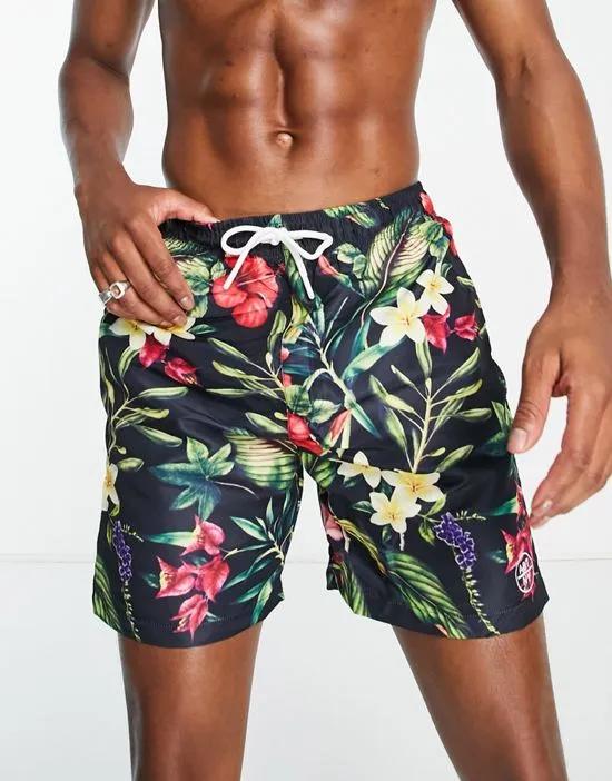 swim shorts in black tropical print