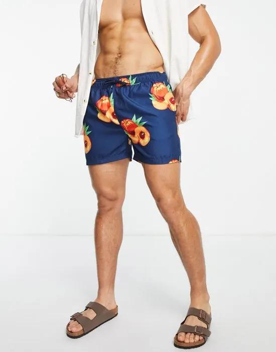 swim shorts in navy peach print