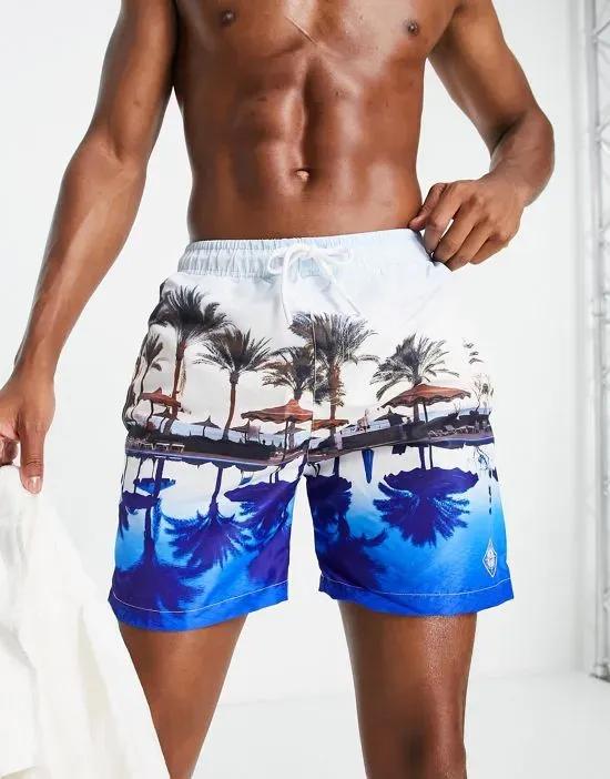 swim shorts in palm tree scene print