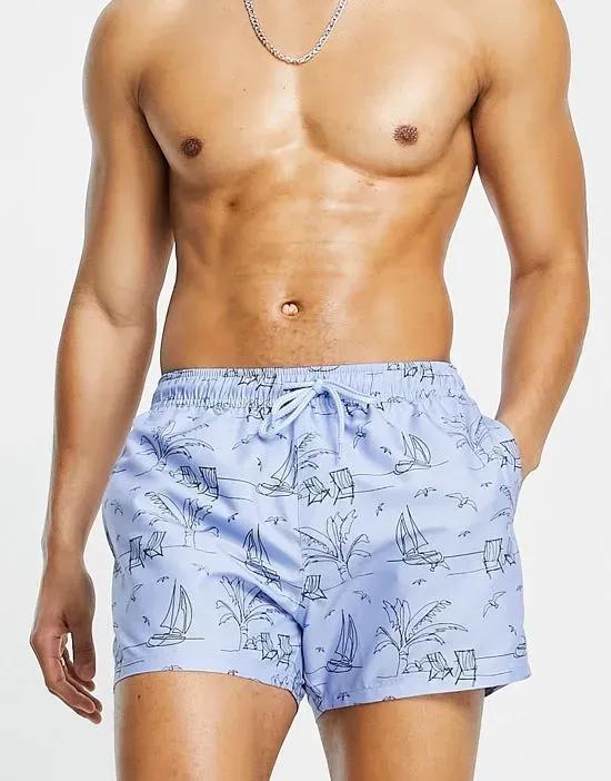 swim shorts in short length with line drawing beach print in blue
