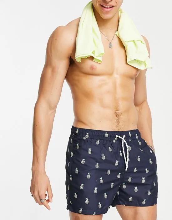 swim shorts with pineapple print in navy