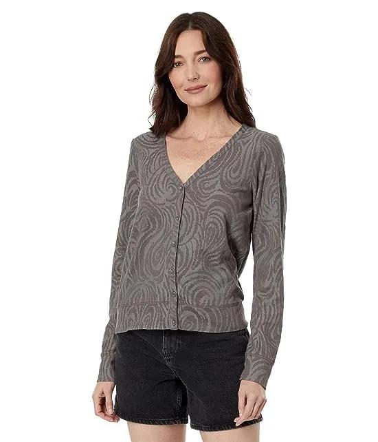 Swirl Knit Jacquard Long Sleeve Button Front V-Neck Fitted Cardigan