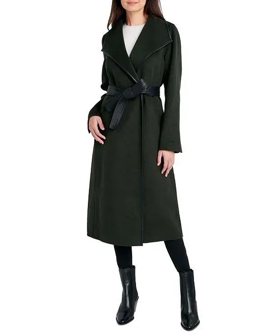 Tahari Women's Faux-Leather-Trim Belted Wrap Coat