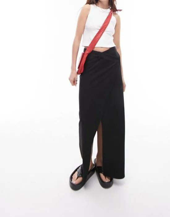 tailored cross over maxi skirt in black