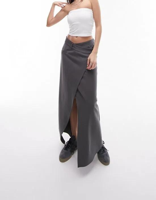 tailored cross over maxi skirt in gray