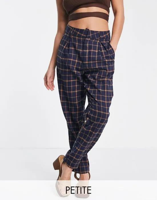 tailored peg leg pants in navy and orange check