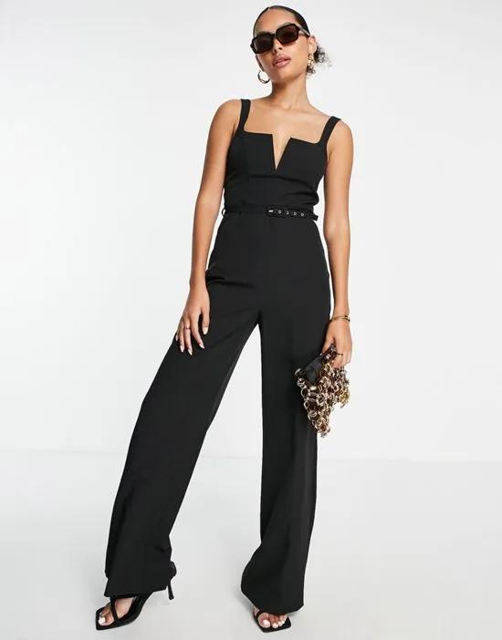 tailored square neck jumpsuit with kick flare in black
