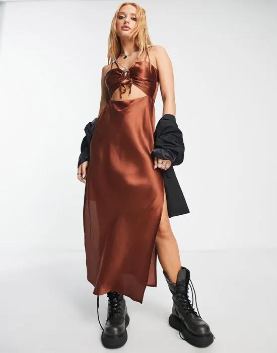 Take Me To The Party ruched satin midi dress in brown