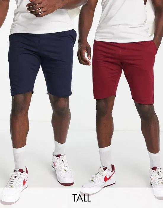 Tall 2 Pack raw edge jersey shorts in navy & burgundy